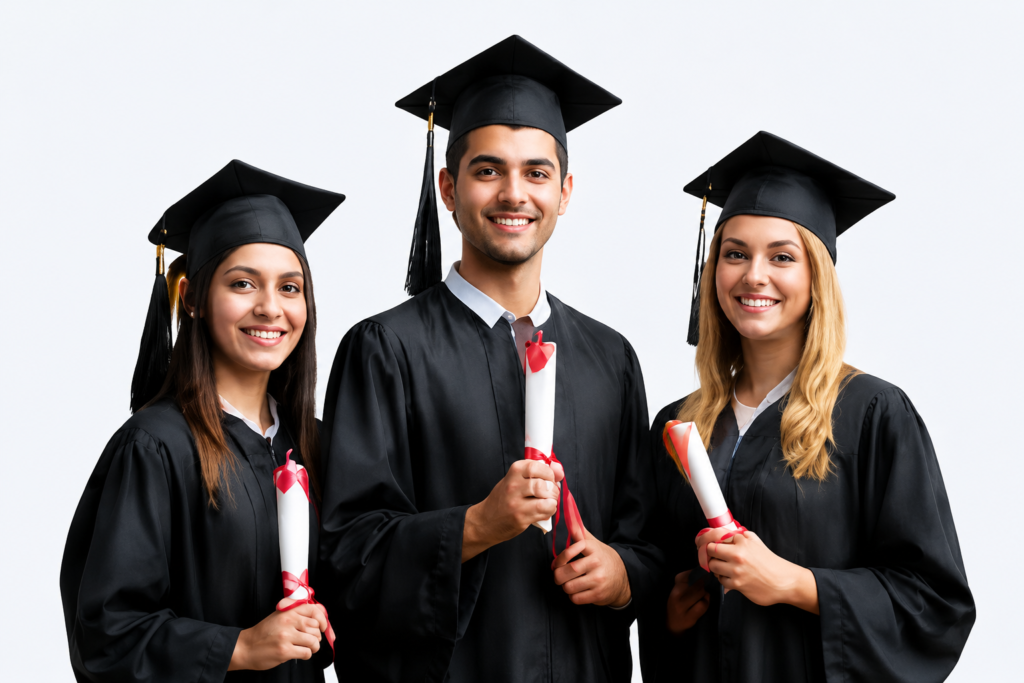Three smiling graduate students wearing black graduation gowns and caps while holding diplomas against a clean white background